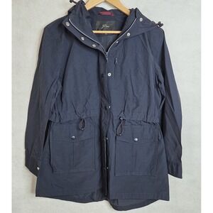 J Crew Hooded Utility Jacket Navy Blue Drawstring waist Large Pockets Womens XS